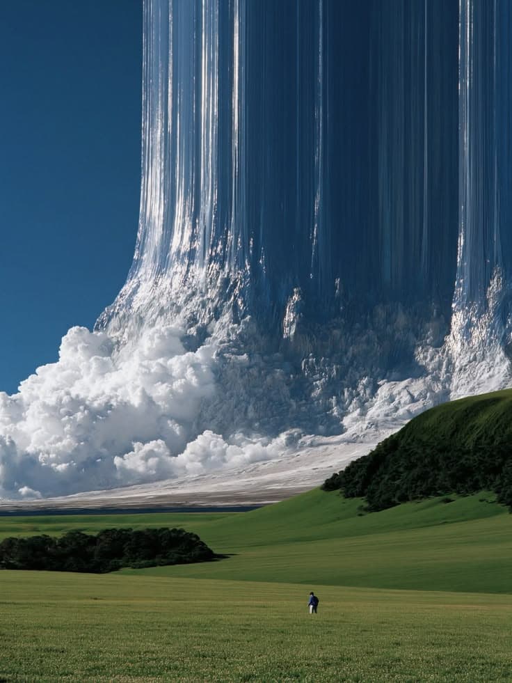 A towering column of cloud pouring down like a waterfall onto a field