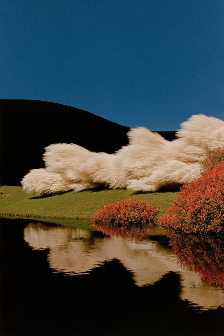 A cloud and its reflection, doubled in a still lake