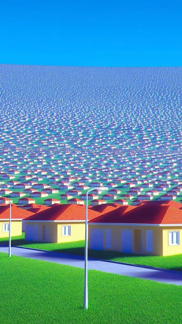 Thousands of identical houses repeating to the horizon